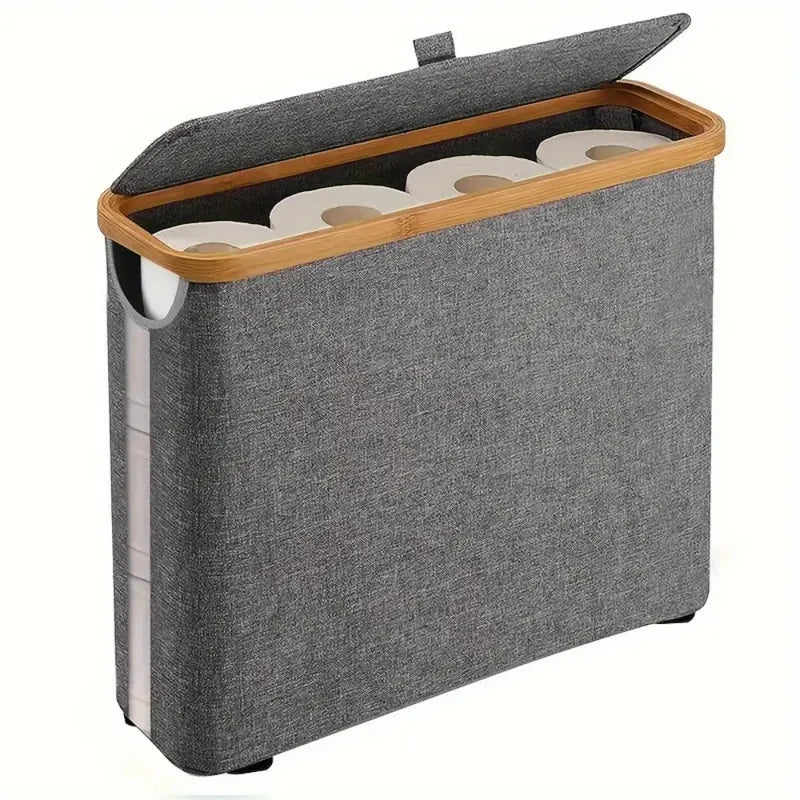 1 Storage Basket, Storage Shelf, Large Paper Holder, 12 Rolls Of Toilet Paper, Storage Rack With Lid, Oxford Cloth + Bamboo Stor