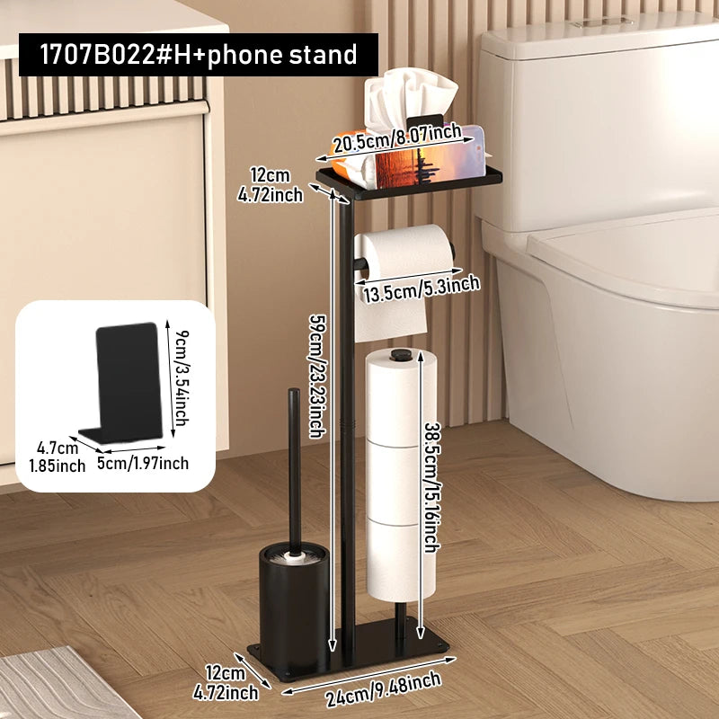 Floor standing toilet paper holder with toilet brush storage tray, magnetic paper holder, multifunctional bathroom tissue holder