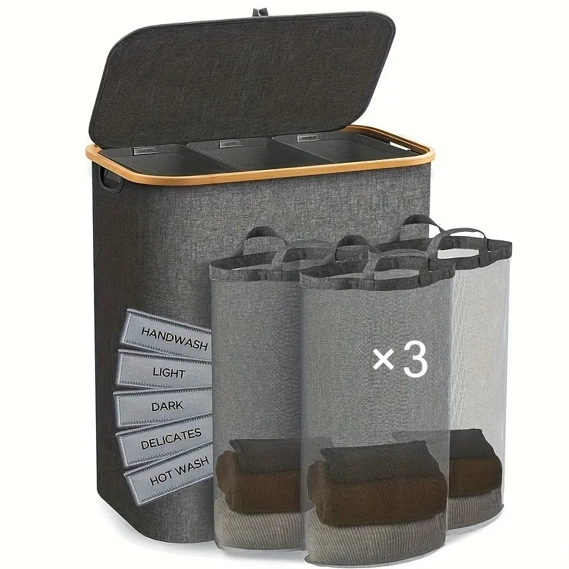 160L Extra Large Laundry Basket with Lid 3-Grids Inner Bags Laundry Hamper Handles Classification Labels Foldable Laundry Basket
