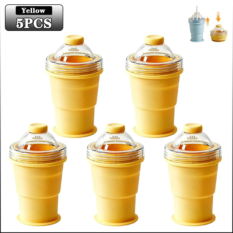 2-in-1 Collapsible Silicone Ice Ball Cup Reusable Portable Ice Sphere Mold with Straw Lid for Coffee Juice Drinks