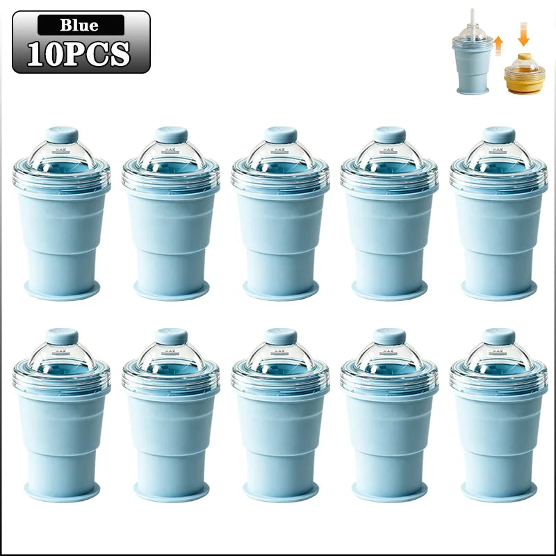 2-in-1 Collapsible Silicone Ice Ball Cup Reusable Portable Ice Sphere Mold with Straw Lid for Coffee Juice Drinks