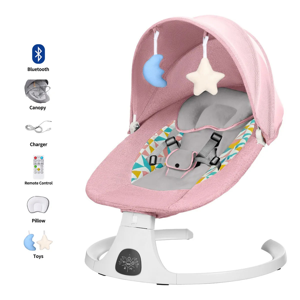 Versatile electric baby rocking chair with Bluetooth connection, phone controls, toys, mosquito nets and awnings
