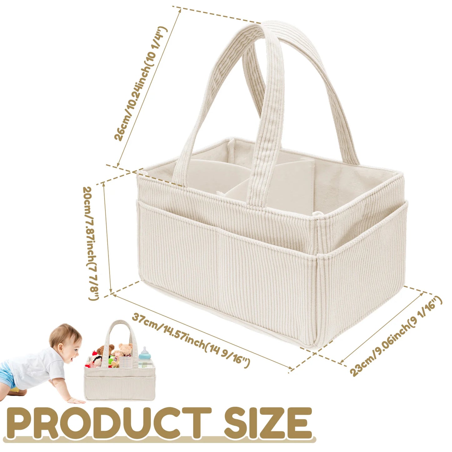 Baby Diaper Caddy Organizer Corduroy Diaper Storage Basket with Handle Foldable Multi-pocket Newborn Nappy Storage Organizer