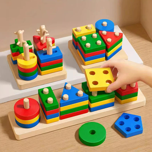 Montessori Wooden Block Puzzle Toys For Children Geometric Shape Color Sorter Block Toddler Sorting Math Bricks Stacking Toys ﻿