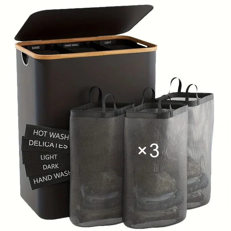 160L Extra Large Laundry Basket with Lid 3-Grids Inner Bags Laundry Hamper Handles Classification Labels Foldable Laundry Basket