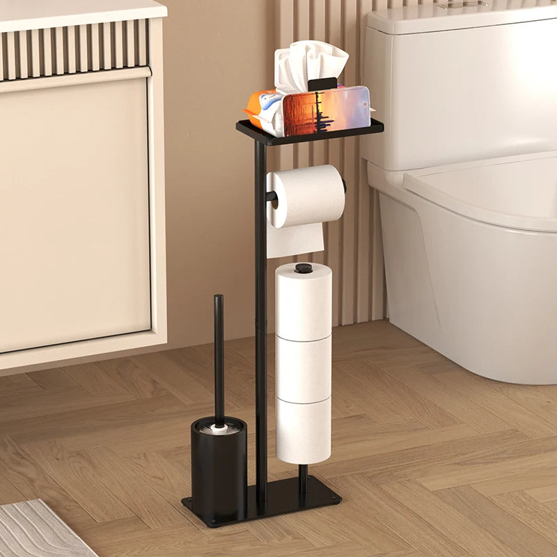 Floor standing toilet paper holder with toilet brush storage tray, magnetic paper holder, multifunctional bathroom tissue holder