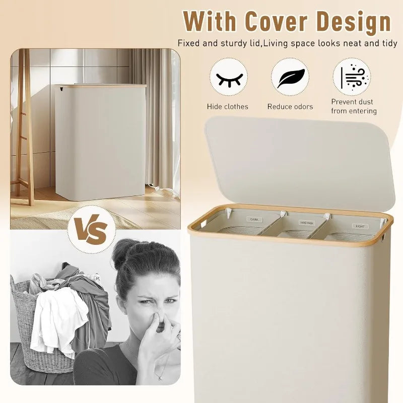 160L Extra Large Laundry Basket with Lid 3-Grids Inner Bags Laundry Hamper Handles Classification Labels Foldable Laundry Basket
