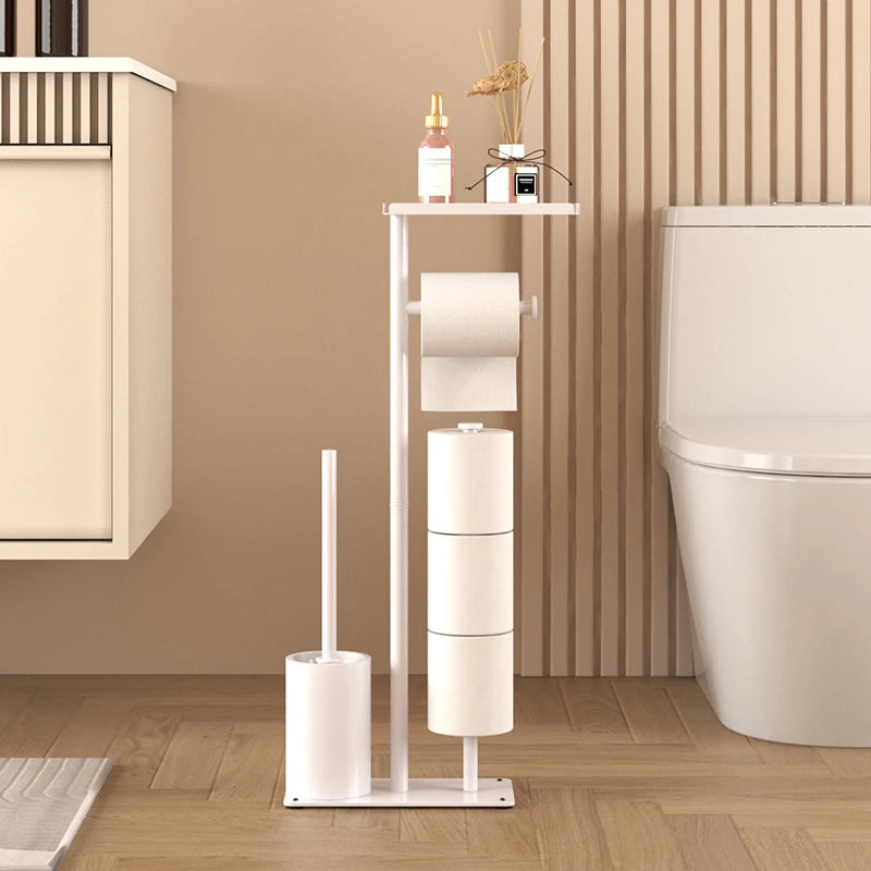 Floor standing toilet paper holder with toilet brush storage tray, magnetic paper holder, multifunctional bathroom tissue holder