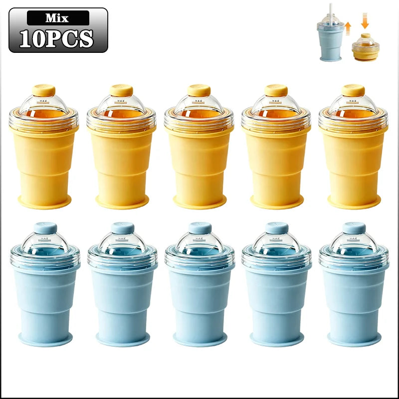 2-in-1 Collapsible Silicone Ice Ball Cup Reusable Portable Ice Sphere Mold with Straw Lid for Coffee Juice Drinks