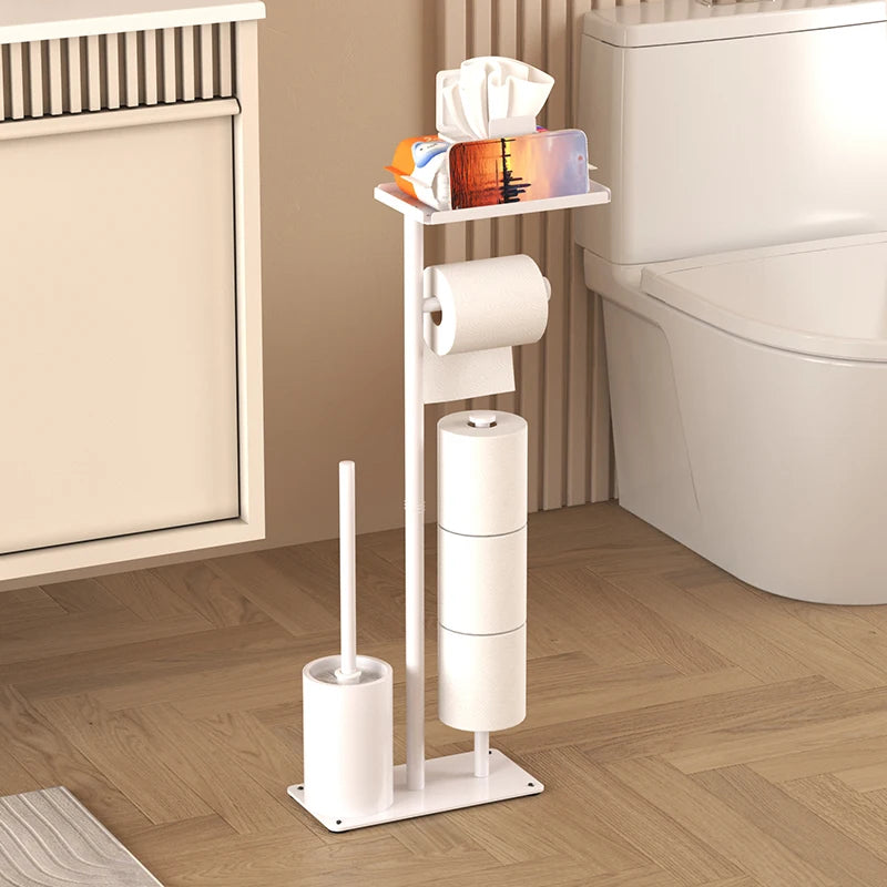 Floor standing toilet paper holder with toilet brush storage tray, magnetic paper holder, multifunctional bathroom tissue holder