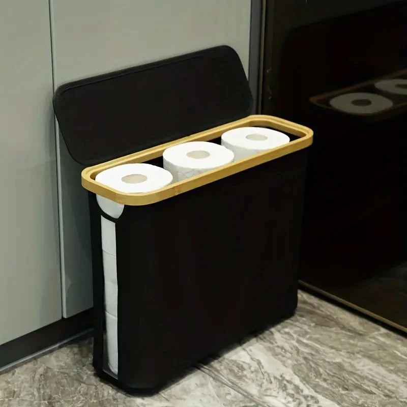 1 Storage Basket, Storage Shelf, Large Paper Holder, 12 Rolls Of Toilet Paper, Storage Rack With Lid, Oxford Cloth + Bamboo Stor