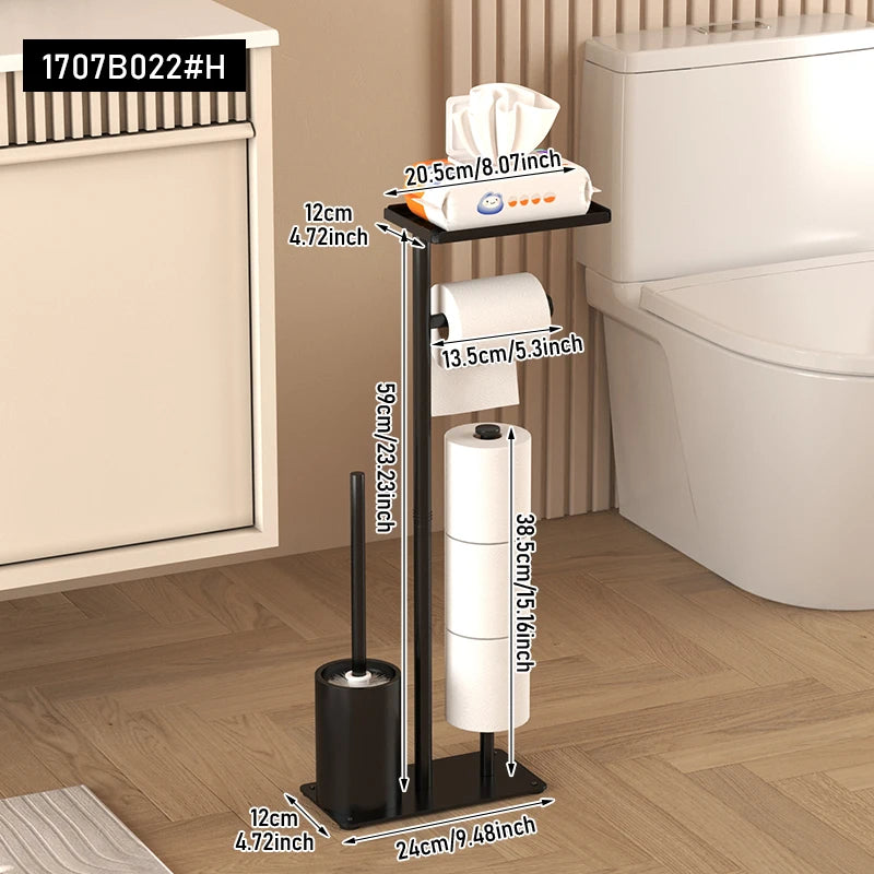 Floor standing toilet paper holder with toilet brush storage tray, magnetic paper holder, multifunctional bathroom tissue holder