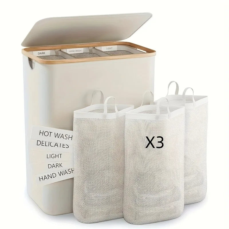 160L Extra Large Laundry Basket with Lid 3-Grids Inner Bags Laundry Hamper Handles Classification Labels Foldable Laundry Basket