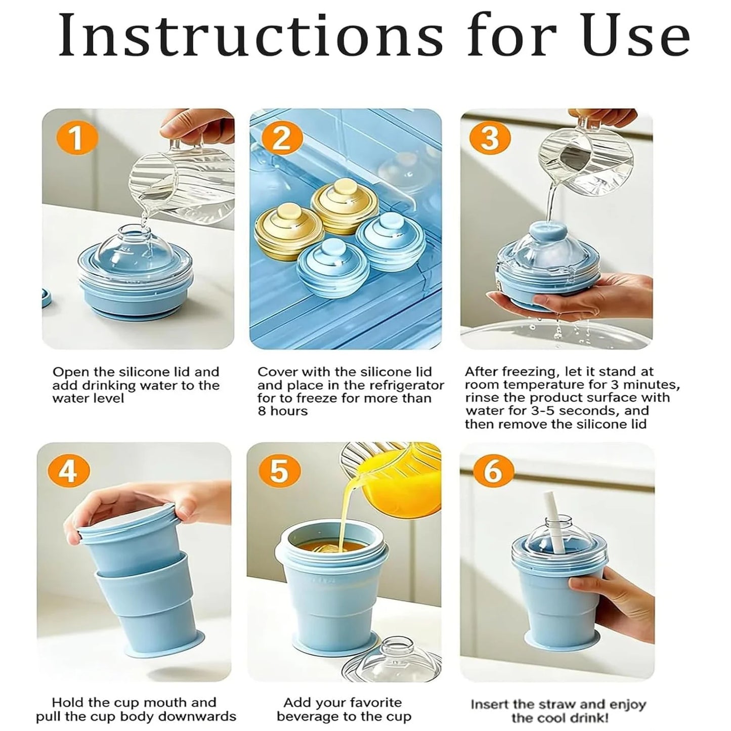 2-in-1 Collapsible Silicone Ice Ball Cup Reusable Portable Ice Sphere Mold with Straw Lid for Coffee Juice Drinks