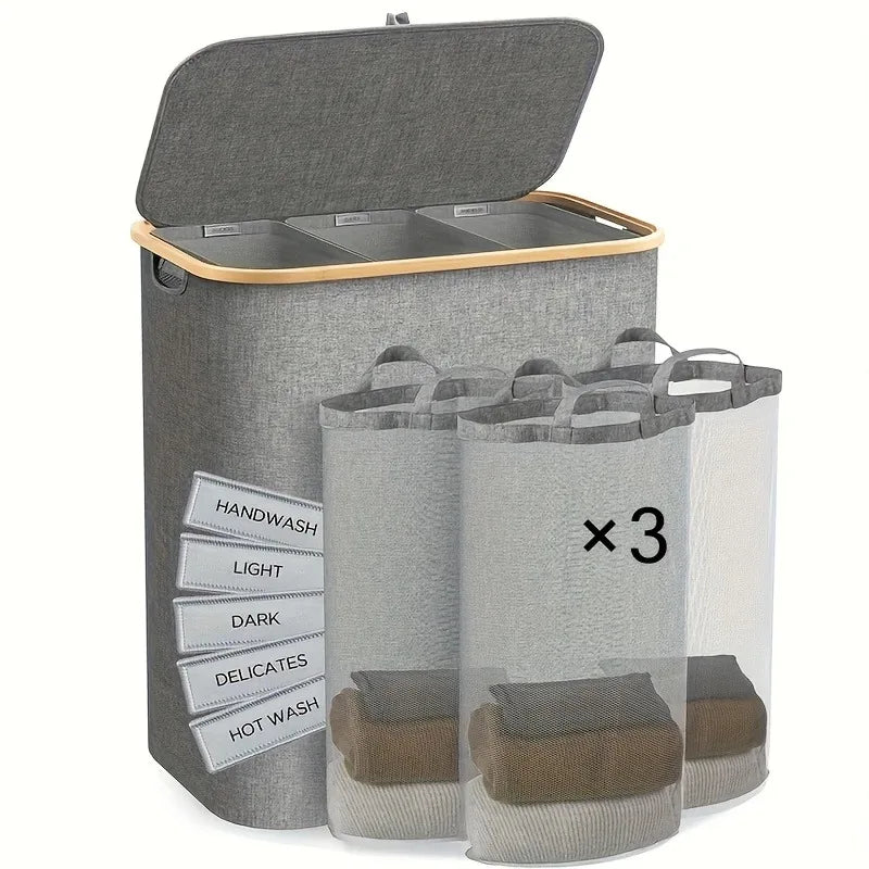 160L Extra Large Laundry Basket with Lid 3-Grids Inner Bags Laundry Hamper Handles Classification Labels Foldable Laundry Basket