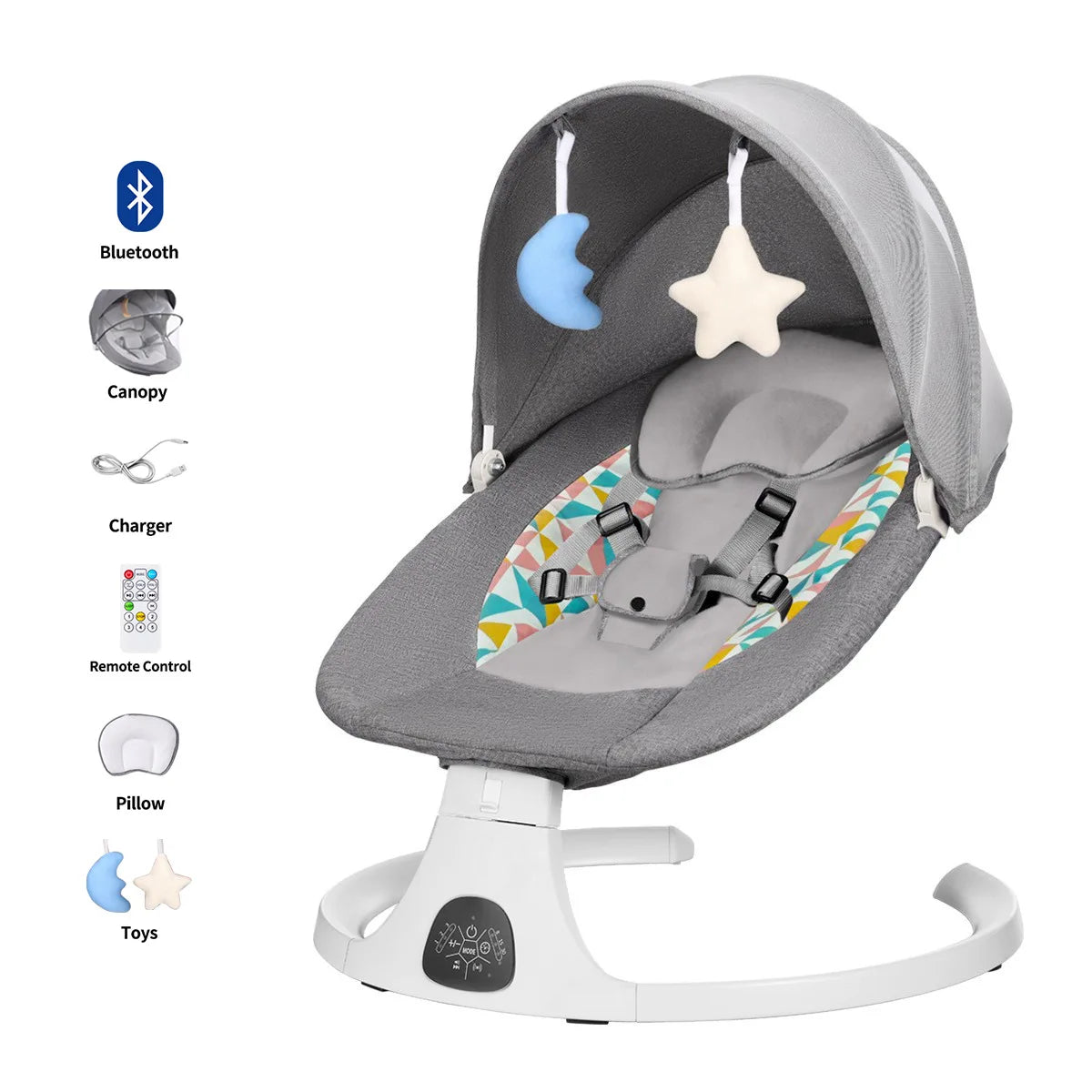 Versatile electric baby rocking chair with Bluetooth connection, phone controls, toys, mosquito nets and awnings