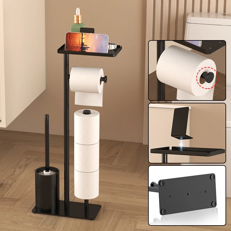 Floor standing toilet paper holder with toilet brush storage tray, magnetic paper holder, multifunctional bathroom tissue holder