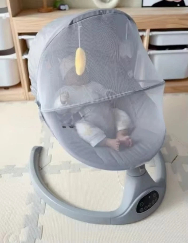 Versatile electric baby rocking chair with Bluetooth connection, phone controls, toys, mosquito nets and awnings