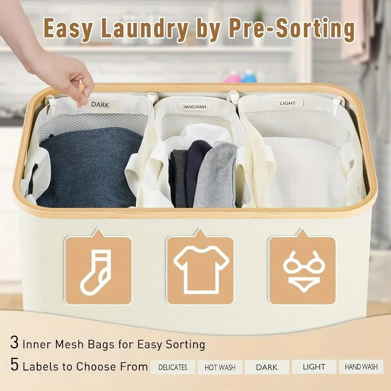 160L Extra Large Laundry Basket with Lid 3-Grids Inner Bags Laundry Hamper Handles Classification Labels Foldable Laundry Basket