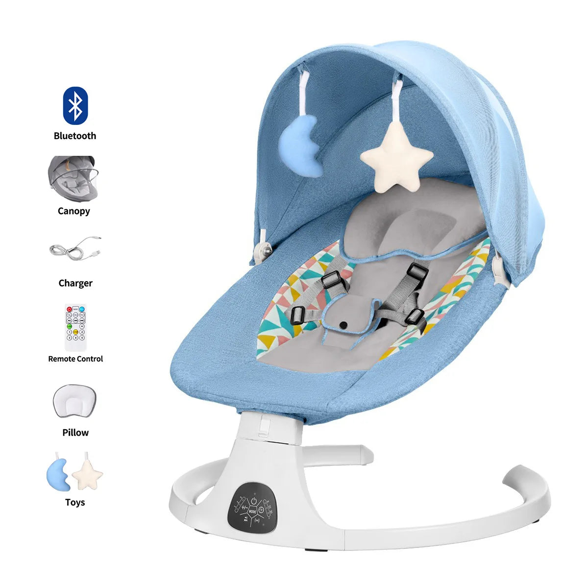 Versatile electric baby rocking chair with Bluetooth connection, phone controls, toys, mosquito nets and awnings