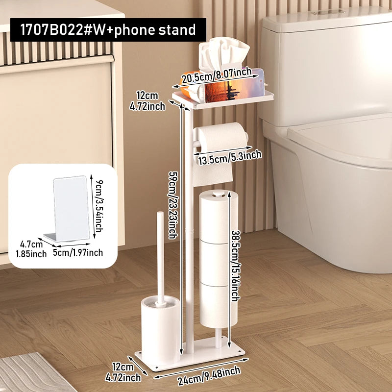 Floor standing toilet paper holder with toilet brush storage tray, magnetic paper holder, multifunctional bathroom tissue holder