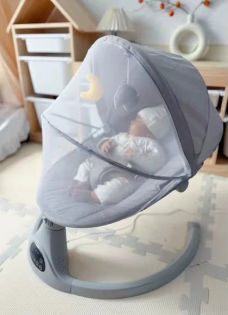 Versatile electric baby rocking chair with Bluetooth connection, phone controls, toys, mosquito nets and awnings
