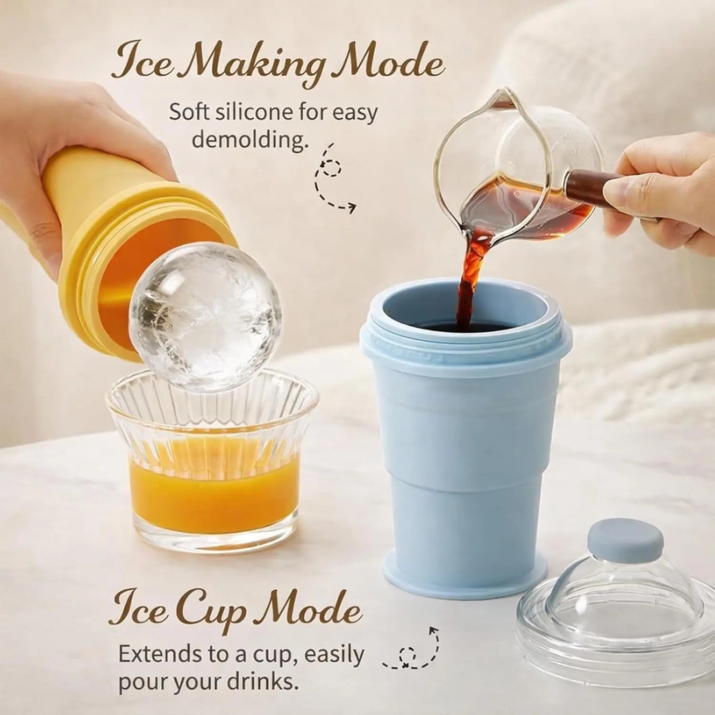 2-in-1 Collapsible Silicone Ice Ball Cup Reusable Portable Ice Sphere Mold with Straw Lid for Coffee Juice Drinks