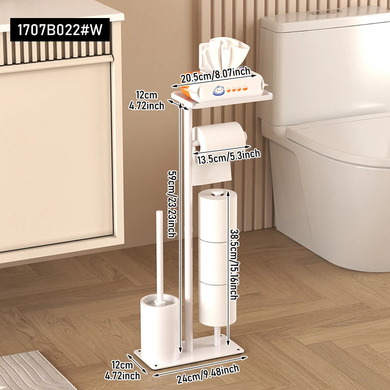 Floor standing toilet paper holder with toilet brush storage tray, magnetic paper holder, multifunctional bathroom tissue holder