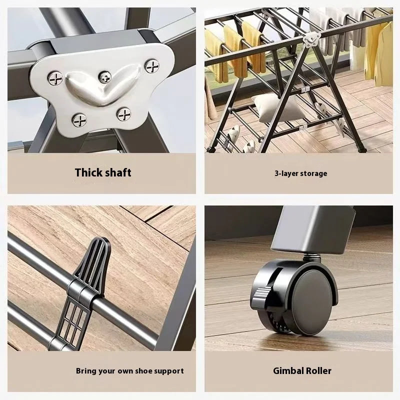 Balcony Clothes Drying Rack Floor-Standing Foldable Household Movable Clothes Drying Rack Dormitory Quilt Drying Rack 3 Floors