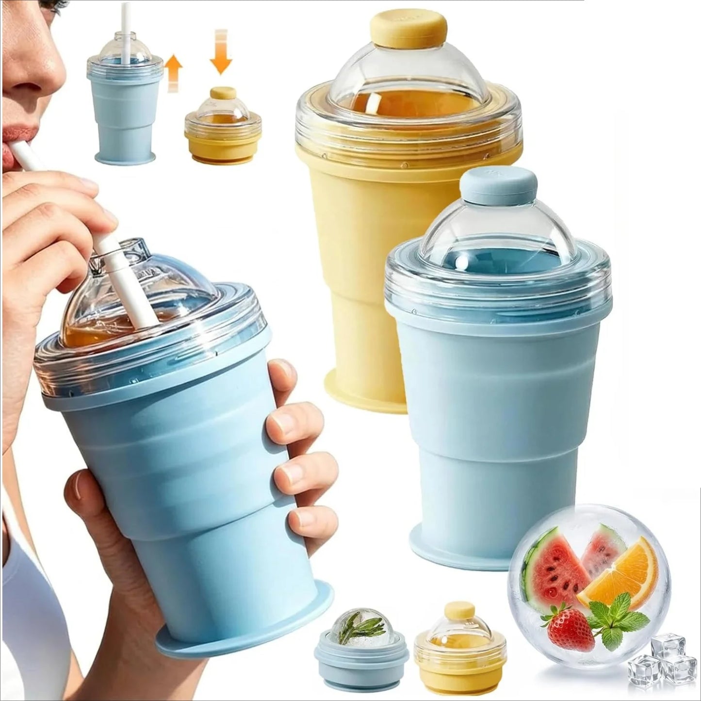 2-in-1 Collapsible Silicone Ice Ball Cup Reusable Portable Ice Sphere Mold with Straw Lid for Coffee Juice Drinks