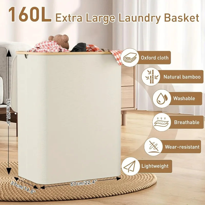 160L Extra Large Laundry Basket with Lid 3-Grids Inner Bags Laundry Hamper Handles Classification Labels Foldable Laundry Basket
