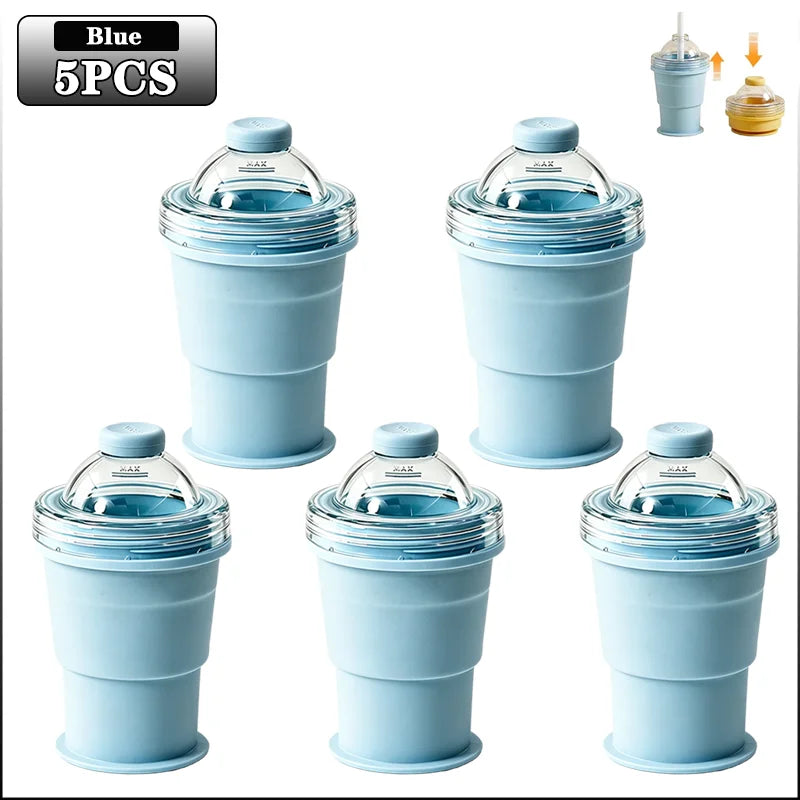 2-in-1 Collapsible Silicone Ice Ball Cup Reusable Portable Ice Sphere Mold with Straw Lid for Coffee Juice Drinks