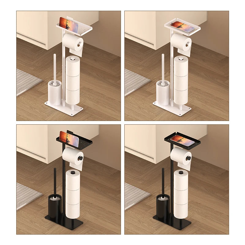 Floor standing toilet paper holder with toilet brush storage tray, magnetic paper holder, multifunctional bathroom tissue holder