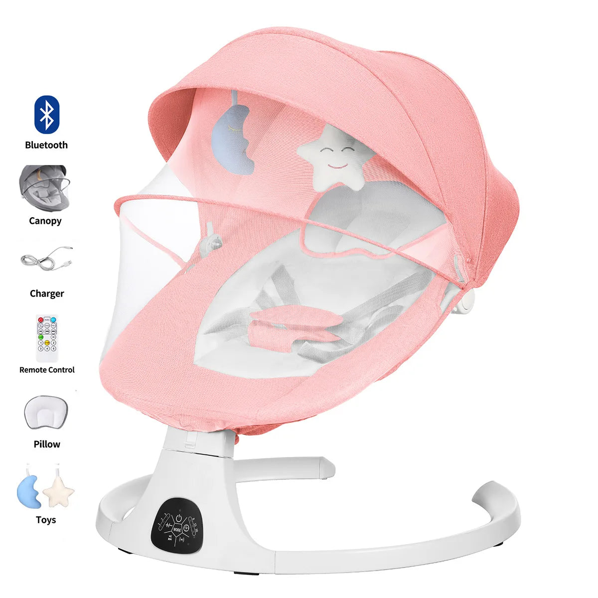Versatile electric baby rocking chair with Bluetooth connection, phone controls, toys, mosquito nets and awnings