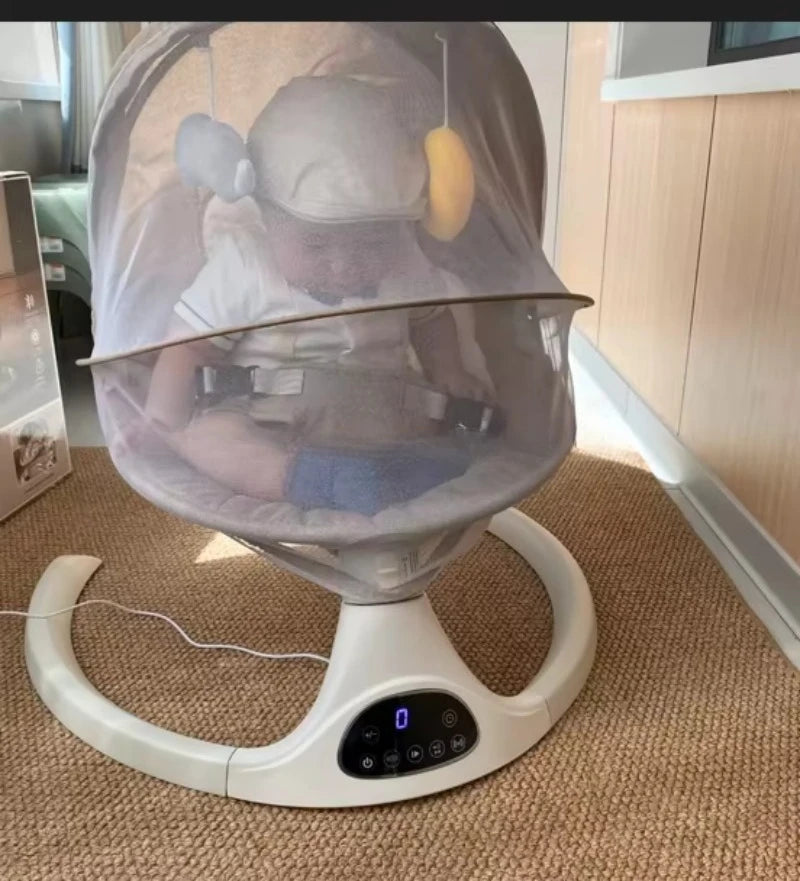 Versatile electric baby rocking chair with Bluetooth connection, phone controls, toys, mosquito nets and awnings