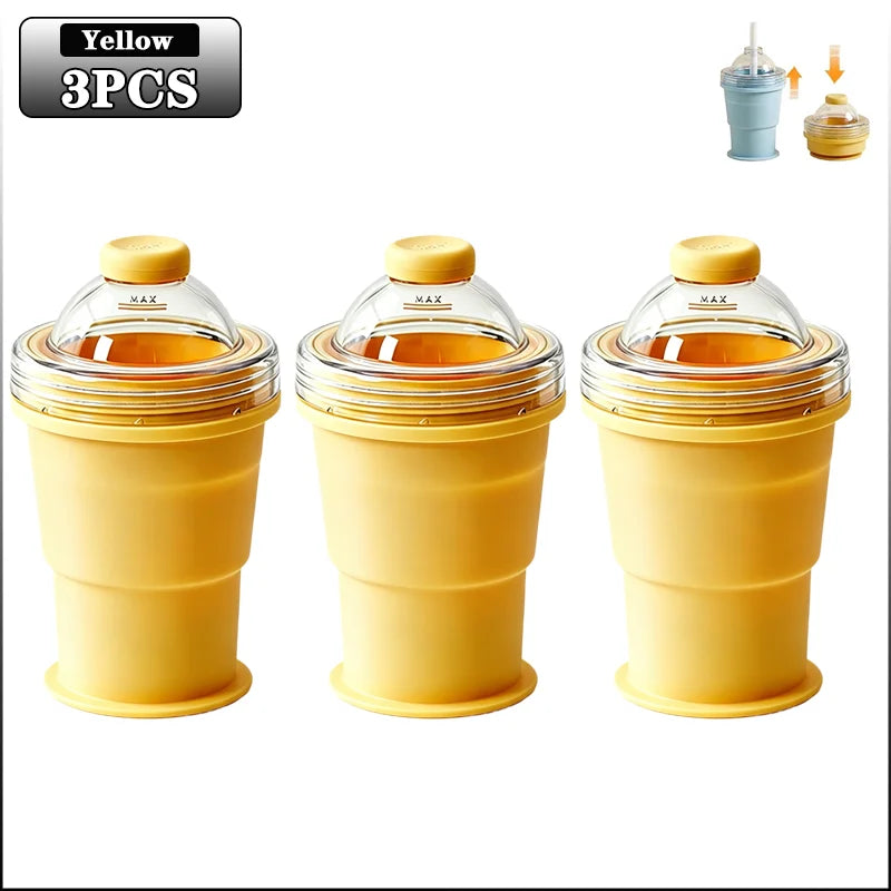 2-in-1 Collapsible Silicone Ice Ball Cup Reusable Portable Ice Sphere Mold with Straw Lid for Coffee Juice Drinks