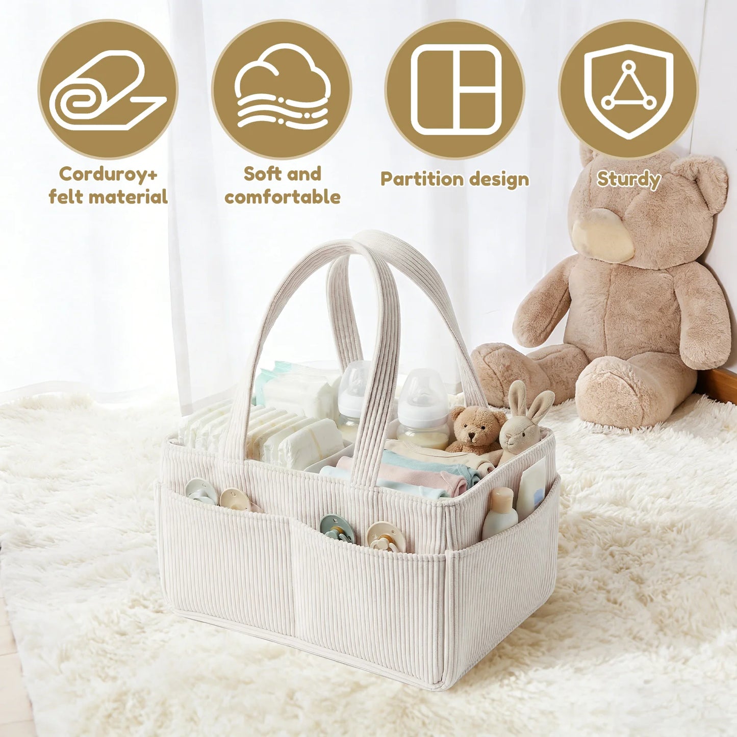 Baby Diaper Caddy Organizer Corduroy Diaper Storage Basket with Handle Foldable Multi-pocket Newborn Nappy Storage Organizer