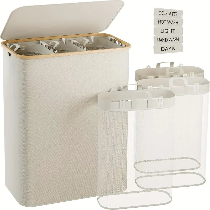 160L Extra Large Laundry Basket with Lid 3-Grids Inner Bags Laundry Hamper Handles Classification Labels Foldable Laundry Basket